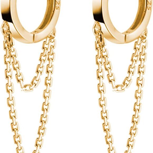 Solid 925 Sterling Silver Tassel Chain Drop Dangle Small Hoop Earrings Huggie fo